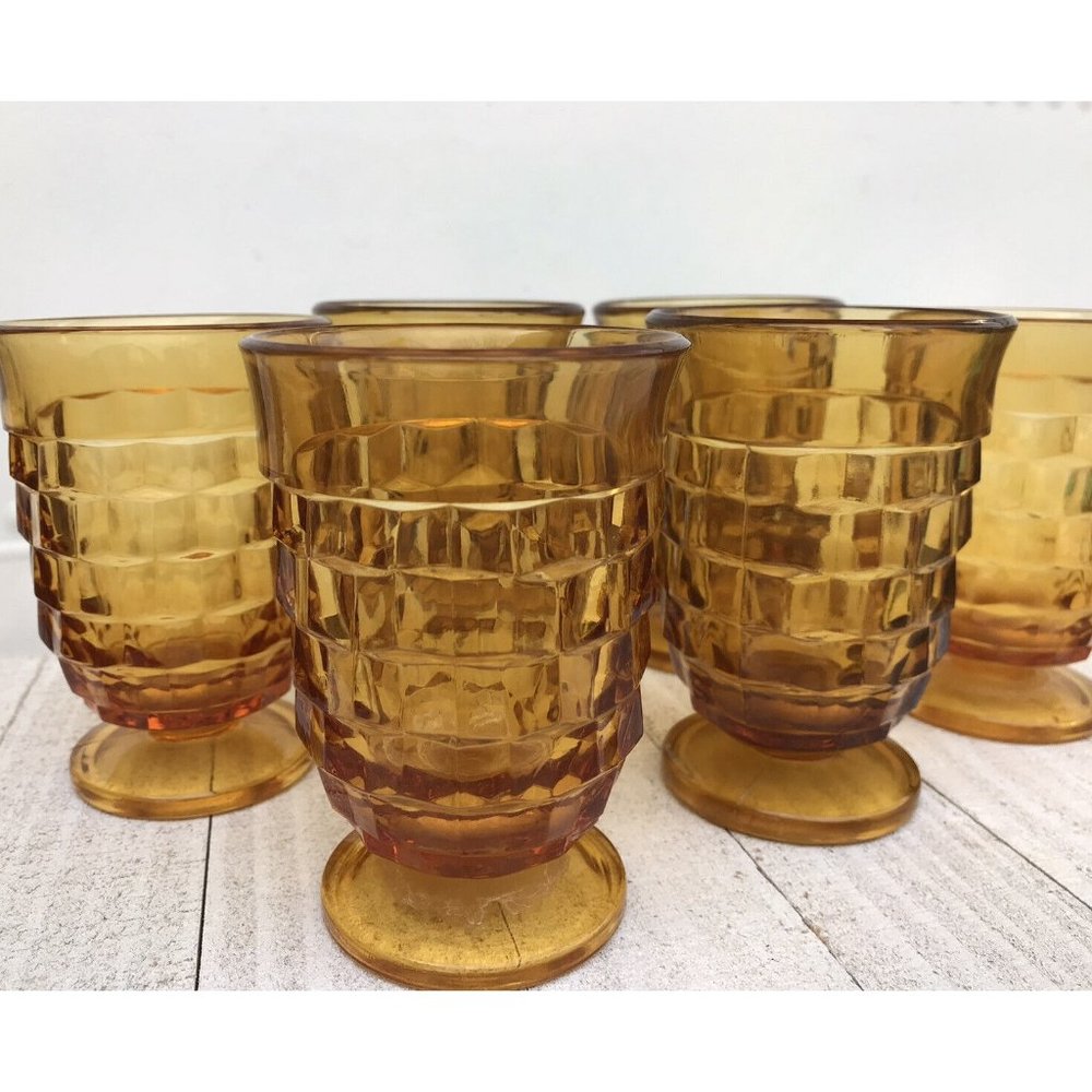 Vtg MCM Colony Amber Whitehall 10 oz Footed Tumblers Juice Cocktail Glasses  Set